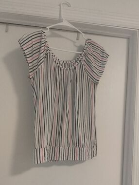 Women's White Short-Sleeve Striped Blouse with Pink, Navy And Silver Accents
